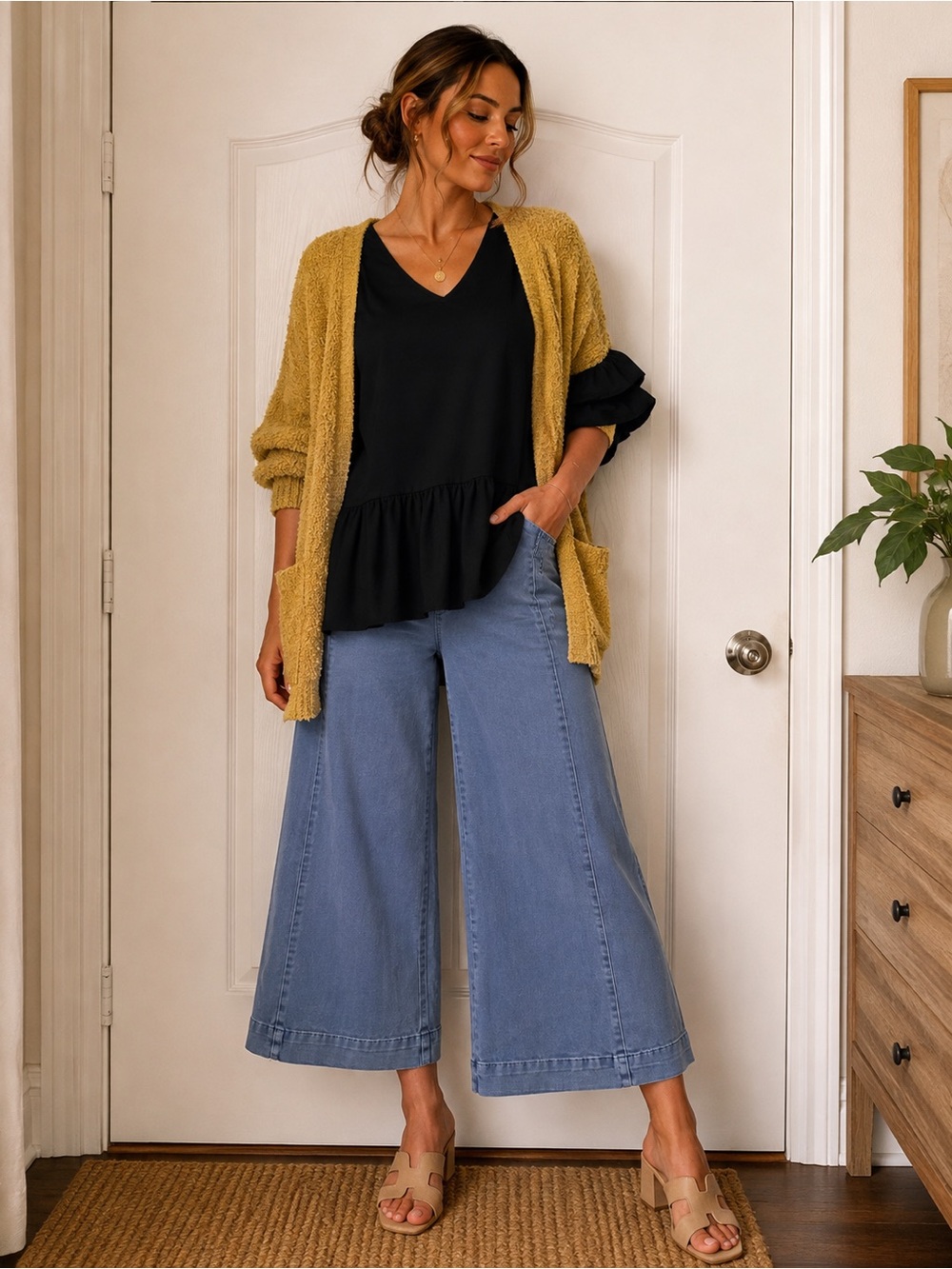 New Zenana High Rise Gaucho Relaxed Wide-Leg Crop Jeans in Cornflower Blue S-L